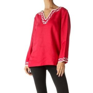 Talbots Women's Plus Petite Red Embroidered V-Neck 100% Linen Top, Size 1Xp